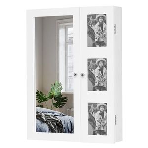 Armadietto a Specchio da Parete in Legno Bianco con Specchio Non Integrale, Vano Portaoggetti Multistrato e Cornice Portafoto per Organizzazione Gioielli - Product Image 1