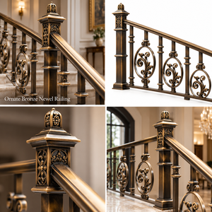 Rampe en bronze classique avec poteaux décoratifs et balustres ovales à volutes, main courante et balustrade en métal - Product Image 5