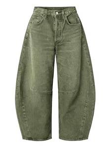 Jean baggy taille haute pour homme, coupe ample, vert uni, en coton, style décontracté, braguette boutonnée, respirant, pantalon tissé de poids moyen - Product Image 4