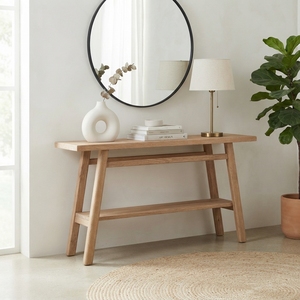 Solid Wood Console Table Modern <b>Rustic</b> Lower Shelf Splayed Leg Natural Teak Style Wooden Entryway Table Hallway Sofa Side <b>Desk</b> - Product Image 4