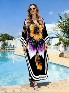 V Neck Floral Maxi Abaya <b>Dress</b> Three Quarter Sleeve <b>Loose</b> Fit Beach Wear Women's Polyester Modest Summer Style - Product Image 2