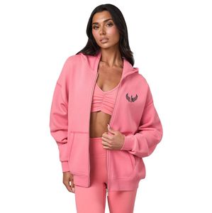 Sweat-shirt à capuche rose clair pour femme, fermeture éclair intégrale, en polaire, manches longues, style décontracté streetwear, coupe ample, toucher doux, confort quotidien - Product Image 2