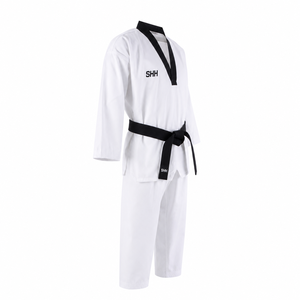 Uniforme de Taekwondo SHH, Dobok Elástico de Algodón Blanco para Adultos Unisex, Ropa de Artes Marciales con Cinturón Negro y Logotipo Frontal - Product Image 3