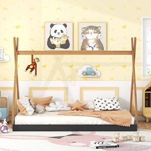 Letto a tenda nero e marrone a grandezza naturale con struttura triangolare per bambini - Product Image 3