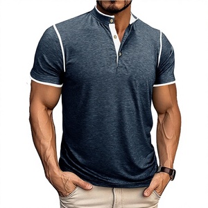 European American Men's Vintage Breathable Stand Collar Open-End Short Sleeve Double-Layer <b>Patchwork</b> Contrasting Color T-<b>Shirt</b> - Product Image 1