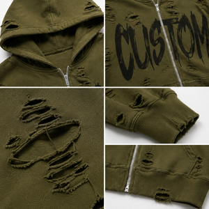 Sudadera con capucha verde oliva desgastada con cremallera, letras pintadas con efecto desgarrado, hombros caídos, estilo gótico moderno, abrigos grunge - Product Image 4