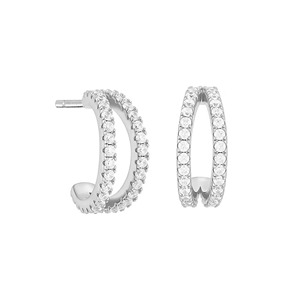 Pendientes Huggie de Oro de 14K con Pavé, Diamantes de Laboratorio de 0.70ct de Doble Hilera, Media Aro Paralelo Minimalista, Aro de Plata, Regalo de Aniversario - Product Image 3
