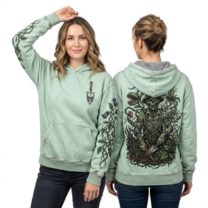 Sweat-shirt à capuche vert menthe vieilli pour femme, avec motif graphique 'Undead Gardener' et imprimé floral sur les manches, fabrication sur mesure - Product Image 1