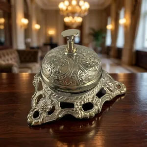 Campana de Recepción de Hotel de Latón Macizo con Acabado Antiguo y Grabado Floral Ornamental, Campana Decorativa Vintage para Oficina - Product Image 2