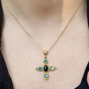 Collar con Colgante de Cruz Ortodoxa Chapado en Oro de 18k, Piedra de Ónix Negra Ovalada, Cadena con Mini Eslabones de Circonita Cúbica, Joyería de Moda para Toda Ocasión - Product Image 5