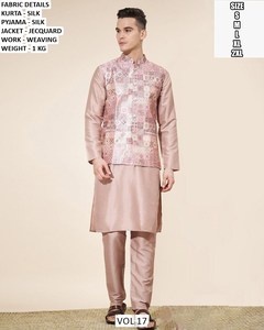 Bandhani Royal Blue <b>Silk</b> Men's Traditional <b>Kurta</b> Pajama with Designer Jacquard Nehru Jacket - Product Image 5