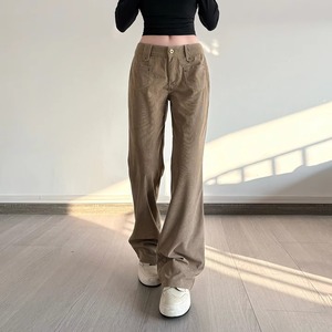 Women's Corduroy Loose Pants Style Brown Low Rise Flare Patchwork Pockets Plain Dyed 100% Polyester Breathable - Product Image 2