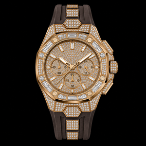 Reloj Cronógrafo con Incrustaciones de Oro, Correa de Caucho Marrón, Bisel con Piedras Baguette, Diseño de Reloj de Pulsera de Lujo para Hombre - Product Image 2