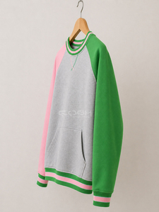 Sweat-shirt à col rond Cosh International Sisterhood Sorority, color block, manches rose et vert, corps gris avec poche, tricoté décontracté - Product Image 6