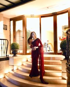 Designer Party Wear Sequence Work <b>Maroon</b> Colour Georgette <b>Saree</b> Paired With Georgette Unstitched Blouse - Product Image 1