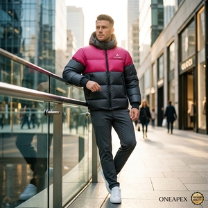 Veste matelassée à capuche rose et noire pour homme, veste d'hiver chaude et matelassée, veste d'extérieur légère et imperméable One Apex - Product Image 2