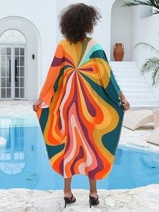 V Neck Maxi Kaftan Long Sleeve Loose Fit Geometric Print <b>Wrap</b> Tie Front Summer Beach Dress Breathable Woven Fabric Women's - Product Image 3