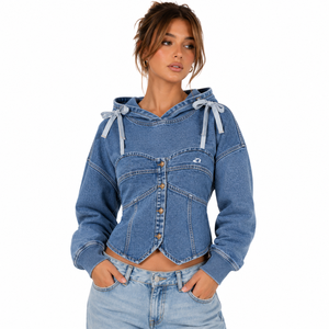 Sudaderas Cortas de Mezclilla para Mujer con Lazo Frontal y Cierre de Botones, Estilo Casual para Otoño e Invierno, Ropa Urbana, Marca Privada OEM - Product Image 1
