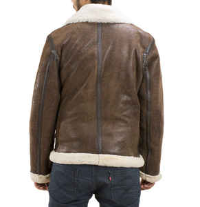 Veste aviateur en cuir véritable marron pour homme avec doublure en fausse fourrure, fermeture éclair, ceinture, style moto hiver - Product Image 3