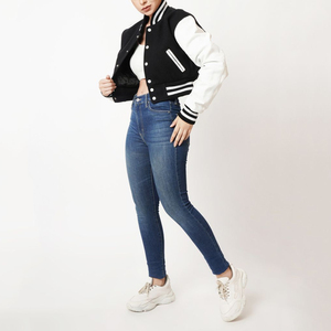 Wholesale Custom Hot Fit Crop Women's Varsity Baseball Jacket <b>High</b> Quality Crop <b>Top</b> with Long Winter Sleeves Blank <b>Leather</b> - Product Image 4