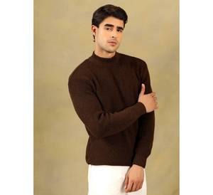 Pull en tricot épais pour homme, col montant, coupe ample, couleur marron foncé, en pure laine, chaud, pour l'automne et l'hiver. - Product Image 1