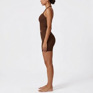 Conjunto de Yoga Sin Costuras Acanalado para Mujer con Logotipo Personalizado, Sujetador Deportivo y Pantalones Cortos de Ciclismo de Cintura Alta, Ropa Deportiva para Gimnasio y Fitness, Venta al por Mayor OEM ODM - Product Image 3