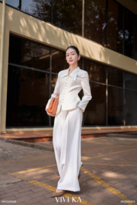 Pantalones de Vestir Elegantes para Mujer, Blancos, de Pierna Ancha, Cintura Alta, Cierre de Gancho y Cremallera Delantera, Estilo Minimalista para Oficina, NERINA - Product Image 3
