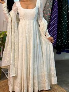 <b>White</b> Georgette Sequence Embroidery Anarkali <b>Suit</b> Set Stitched Full Sleeves Long Gown <b>Trouser</b> Dupatta Ethnic Dress For <b>Women</b> - Product Image 2