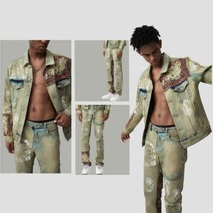 Nouvelle veste en jean tendance pour homme, deux pièces, avec imprimé denim et denim délavé vintage - Product Image 2