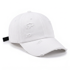 Casquette de baseball unisexe blanche 6 panneaux en toile réglable avec broderie 3D en coton, style streetwear déchiré et vieilli, chapeau décontracté - Product Image 2