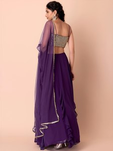 Elegant Purple Cotton Lehenga Set <b>Sequin</b> Crop <b>Top</b> Layered Skirt Net Dupatta Ruffle Wedding Party Women Outfit - Product Image 2
