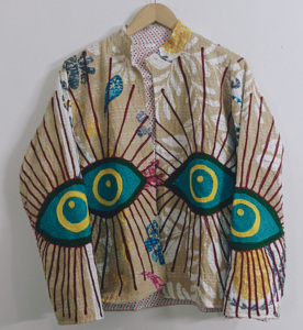 Chaqueta Suzani Kantha de Algodón Hecha a Mano, Abrigo Boho Floral para Mujer, Patrón de Ojos Bordado, Frente Abierto - Product Image 4