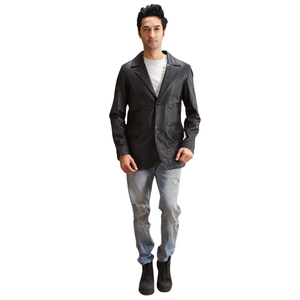 Veste en cuir véritable noire pour homme, col à revers, coupe classique, avec poches - Product Image 3