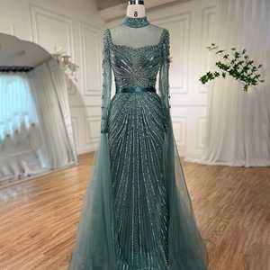 Robe de bal romantique en satin à manches longues, col montant, ornée de sequins et de perles, taille naturelle, motif brodé de cristaux, bretelles spaghetti drapées - Product Image 2