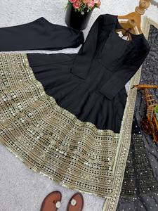 Traje Anarkali Negro Bordado con Dupatta, Largo Midi, Conjunto Tradicional Indio Pakistaní para Mujer - Product Image 5