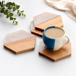 Juego de 4 Posavasos Hexagonales de Madera y Mármol de Primera Calidad para Tazas de Té y Café, Posavasos Hexagonales Hechos a Mano de Madera y Piedra - Product Image 1