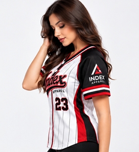 Camiseta de Béisbol para Mujer Index Apparel, Blanca, Negra y Roja a Rayas, Manga Corta, Ajustada, con Estampado Sublimado 23 - Product Image 3