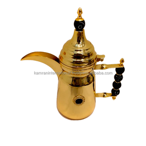 Cafetera Árabe Clásica Chapada en Oro, Dallah de Latón Resistente, Tradicional de Oriente Medio, con Asa de Mármol Negro con Cuentas, 1L, con Tapa - Product Image 4