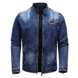 Veste en jean bleue pour homme, col montant, fermeture éclair, style décontracté, coupe ajustée, vêtement d'automne, doublure en coton - Product Image 6