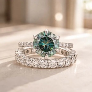 Elegant Design 925 <b>Silver</b> Green Moissanite <b>Solitaire</b> 3.0Ct Round Cut Engagement <b>Ring</b> with 2.5Ct Cut Classic Wedding Band. - Product Image 4