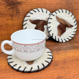 Handmade Longhorn Round Cowhide Coasters Set Western <b>Hair</b> on Hide Genuine Leather Coaster for Drinks Western Home Decor Gifts - Product Image 2
