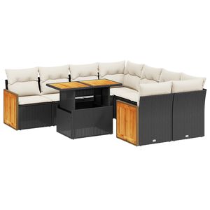 Conjunto de sofá de jardín de ratán blanco crema y negro con almacenamiento, 6 plazas, muebles de exterior de diseño contemporáneo con detalles en madera de teca - Product Image 2