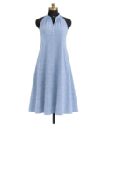 Gaun Panjang Biru Tanpa Lengan Motif Zig Zag dengan Saku Samping, Kerah V, Kancing, Kasual Wanita, Musim Panas, Modern, Dapat Dicuci, Pinggang Alami, Vintage