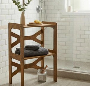 Étagère de salle de bain en bois à 3 niveaux, design minimaliste, unité de rangement avec barre porte-serviettes, organisateur gain de place pour les essentiels de bain - Product Image 4