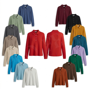 Polo à manches longues en tricot côtelé 100% polyester, coupe ajustée décontractée, col boutonné, extensible et doux, automne-hiver, polo personnalisé - Product Image 1