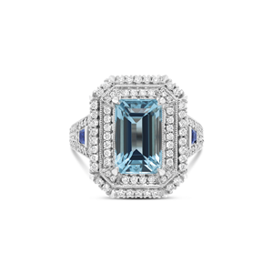 แหวนทองคำแท้ 18k/14k ประดับมรกตทรงเหลี่ยมธรรมชาติ 3.34 กะรัต อะความารีน 0.20 กะรัต ไพลิน และเพชร 1.22 กะรัต ดีไซน์ดับเบิ้ลฮาโล รับผลิตแบบ OEM ODM - Product Image 1