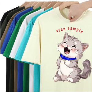 T-shirt à manches courtes pour homme imprimé chat de dessin animé mignon, col rond, coupe classique, décontracté, 100% coton jersey, impression numérique sur le devant - Product Image 4