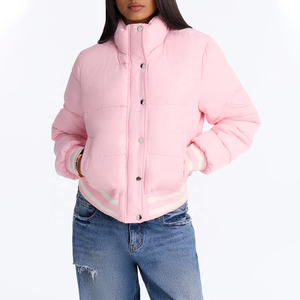 <b>Women's</b> Winter <b>Pink</b> Quilted <b>Jacket</b> Stand Collar Full Sleeve Thick Polyester Wadding Solid Color Button Closure Short <b>Jacket</b> - Product Image 1