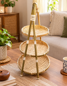 Panier de rangement pour fruits et aliments en bambou tissé à la main, écologique, moderne, pour la cuisine, le café, la salle à manger - Trois étages, multifonctionnel - Product Image 1