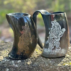 Polished Buffalo Horn Drinking <b>Mug</b> with Viking Bear Engraving Handle Outdoor Traditional Design Eco-Friendly Drinkware - Product Image 1